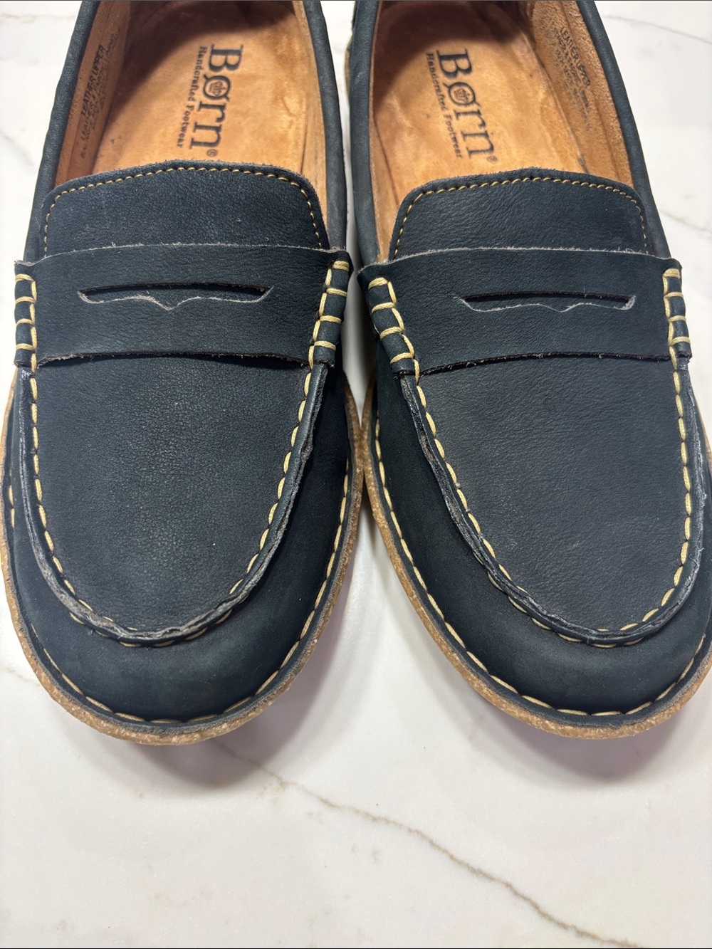 Born NAVY BLUE Suede Penny Loafers with Contrast Stitching - Picture 12 of 15